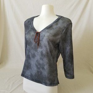 Designs Grey 3/4 Sleeve Top with V-Neckline & Suede Tie Accent- Medium